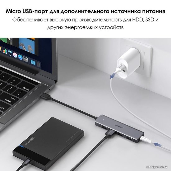 USB-хаб Ugreen CM219 50985 подключение по USB-A, 4 x USB-A, корпус пластик