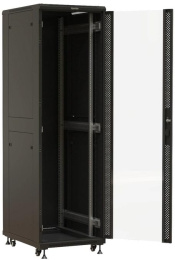 Шкаф серверный Hyperline TTBR-4261-AS-RAL9004 напольный 42U 600x1000мм пер.дв.стекл задн.дв.спл.стал.лист 2 бок.пан. 800кг черный 910мм 128.2кг 2055мм IP20 сталь
