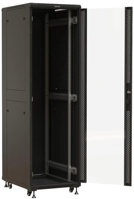 Шкаф серверный Hyperline TTBR-4261-AS-RAL9004 напольный 42U 600x1000мм пер.дв.стекл задн.дв.спл.стал.лист 2 бок.пан. 800кг черный 910мм 128.2кг 2055мм IP20 сталь