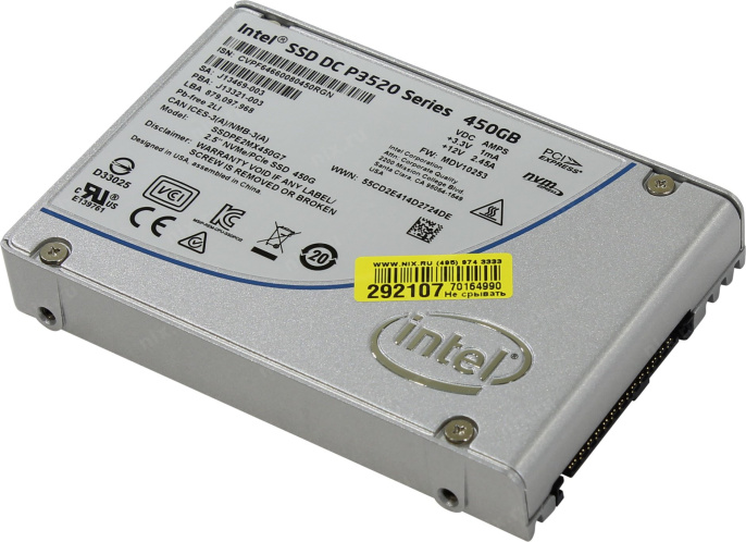 Накопитель SSD 2,5" PCI Express 3.0 x4 NVMe Intel DC P3520 450GB SSDPE2MX450G701 3D MLC NAND, 1200/600 MBps, 145000/19000 IOps, МТBF 2M