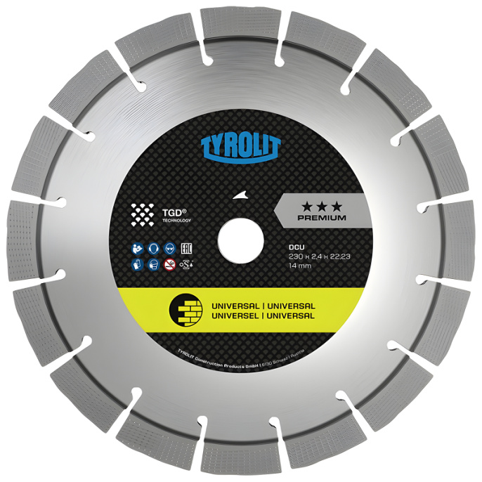 Алмазный круг Tyrolit Premium DCU 230x2.4x22.23 (34468871) (универсальный, для обработки бетона, железобетона, ячеистого бетона, натурального камня, глиняного кирпича, каменной кладки и твердых материалов, подходит для всех распространенных угловых шлифов