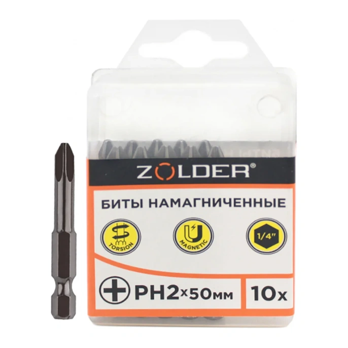 Биты намагниченные (10 шт; PH2; 50 мм) для отверток ZOLDER fph25010