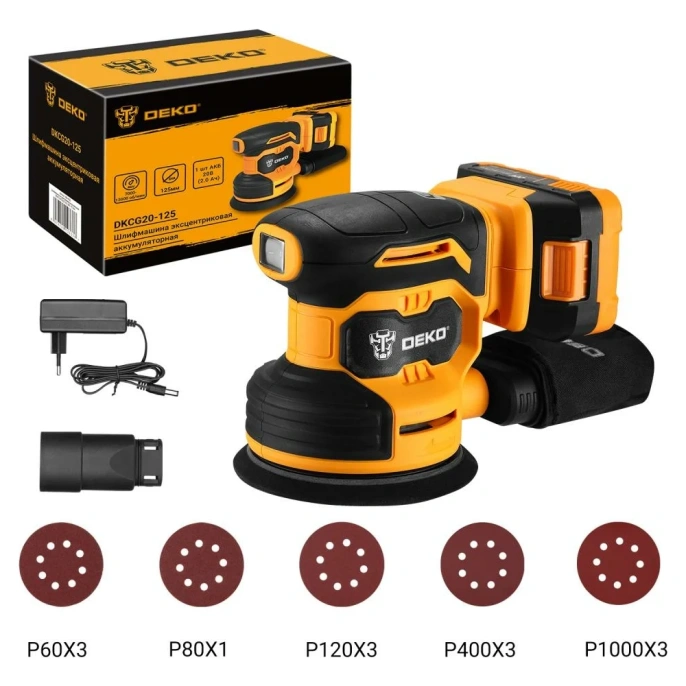 Эксцентриковая аккумуляторная шлифмашина DEKO DKCG20-125, 20В, 1х2.0 Ач 063-4022