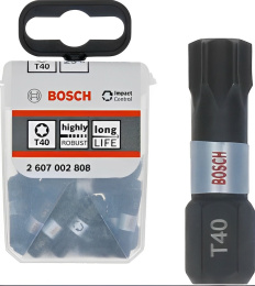Набор бит Bosch 2.607.002.808 количество в наборе: 25, вид хвостовика: шестигранный, особенность конструкции: ударная, профиль биты: звездочкой с отверстием T , присоединительный размер папа M : 1/4″ Hex, рабочий размер биты: T40, длина: 25 мм