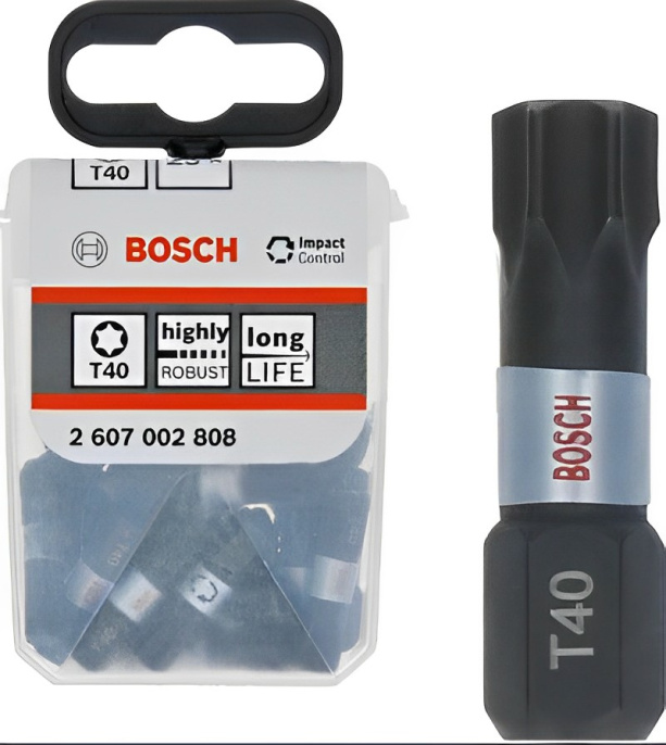 Набор бит Bosch 2.607.002.808 количество в наборе: 25, вид хвостовика: шестигранный, особенность конструкции: ударная, профиль биты: звездочкой с отверстием T , присоединительный размер папа M : 1/4″ Hex, рабочий размер биты: T40, длина: 25 мм