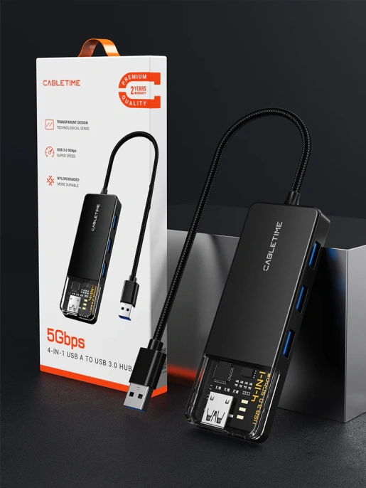 Концентратор CABLETIME CB02B (CT-HUBT2-PB) 4 порта, 5Gbps, 1 м, с блоком питания, USB-хаб для ноутбука и ПК