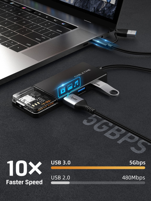 Концентратор CABLETIME CB03B (CT-HUBT3-PB) 4 порта, 5Gbps, 0.15 м, с адаптером USB-C, USB-хаб для ноутбука и ПК