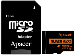 Карта памяти Apacer AP128GMCSX10U8-R 128GB microSDXC, класс 10, UHS-I класс U3 , V30, A2, скорость чтения: 100МБ/с, скорость записи: 80МБ/с, с адаптером