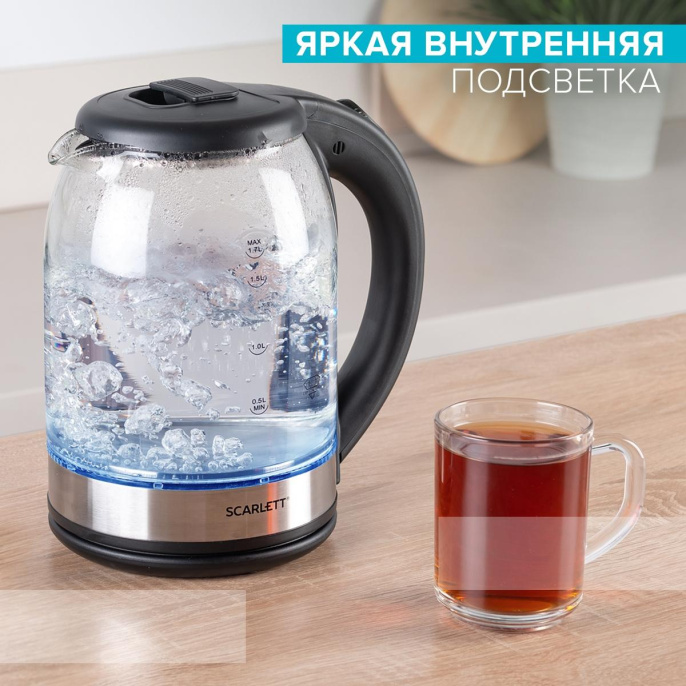 Чайник электрический Scarlett SC-EK27G10 1.7л. 1800Вт черный корпус: стекло/пластик