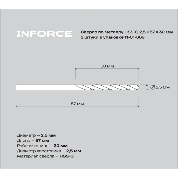 Сверло по металлу HSS-G (2 шт; 2.5х57х30 мм) Inforce 11-01-669