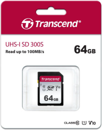 Карта памяти SDXC UHS-I U1 Transcend 300S 64 ГБ, 100 МБ/с, Class 10, TS64GSDC300S, 1 шт., без адаптера
