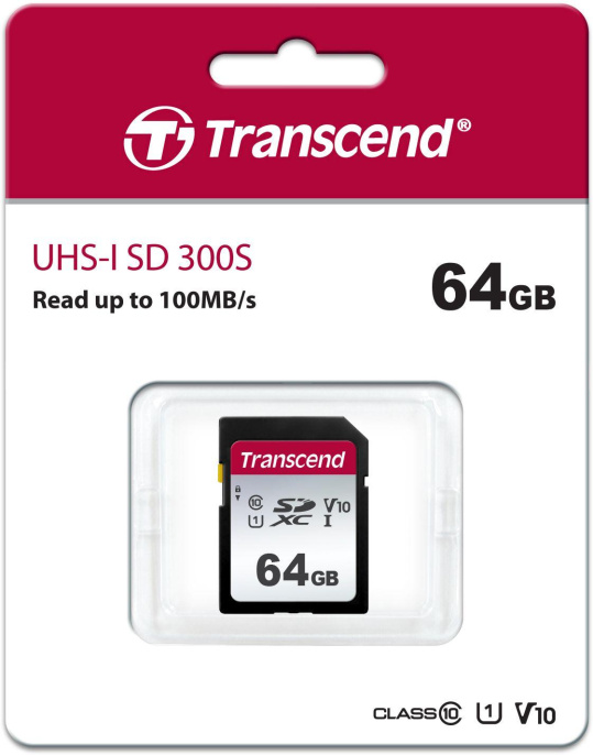 Карта памяти SDXC UHS-I U1 Transcend 300S 64 ГБ, 100 МБ/с, Class 10, TS64GSDC300S, 1 шт., без адаптера