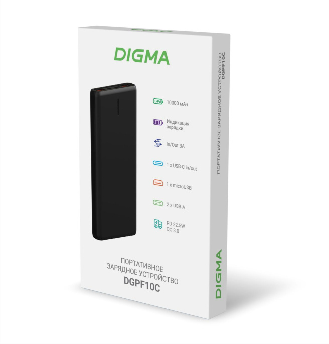 Внешний аккумулятор (Power Bank) Digma DGPF10C,  10000мAч,  черный [dgpf10c22pbk]
