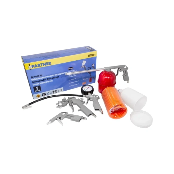 Набор пневмоинструмента Partner 5 предметов, краскопульт сопло 1.5 мм, обдувочник, подкачка, промывка, шланг 5 м PA-8031K5-G(E70)(51065к.)(7695)