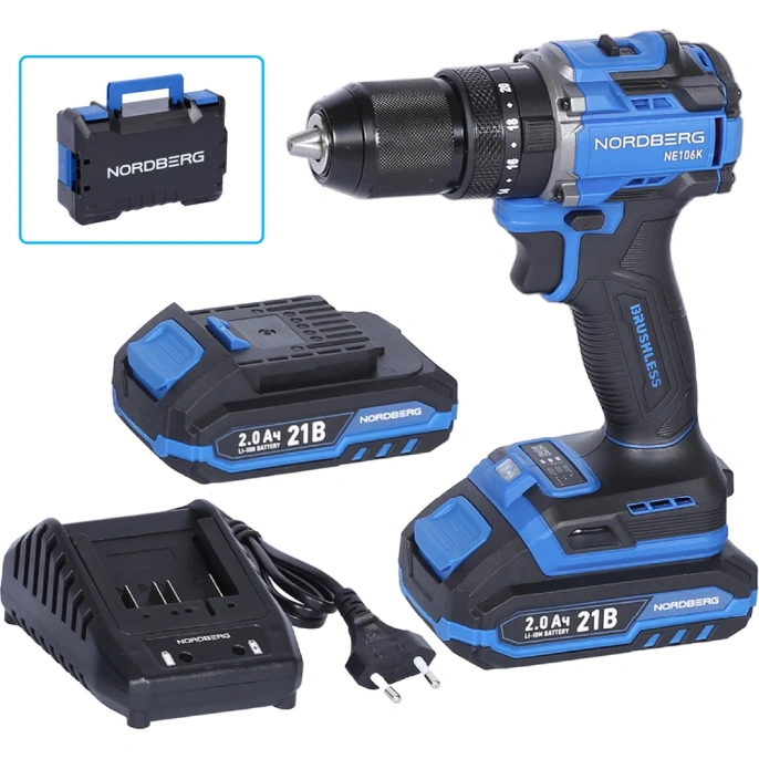 Шуруповерт аккумуляторный NORDBERG макс.диам. сверла 13 мм, 21 В, 70 Нм с 2 аккумуляторами и зарядным уст-вом NE106K