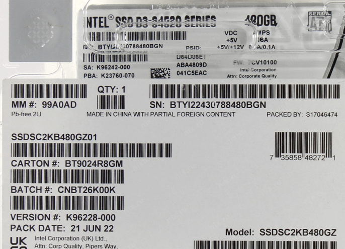SSD накопитель Intel D3-S4520 SSDSC2KB480GZ01 480ГБ, 2.5", SATA III, SATA