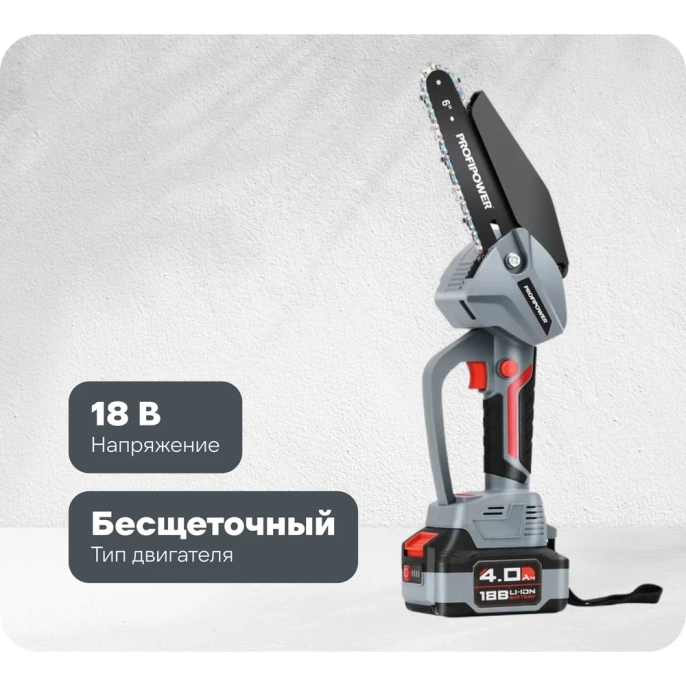 Аккумуляторная бесщеточная цепная пила Profipower MKGST-18V (Li-ion-2шт, 2.0Ач, 0-4500 об/мин, З/У, коробка) E0097