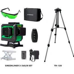 Комплект INSTRUMAX: лазерный уровень GREENLINER 3-360/B SET + штатив телескопический с резьбой 1/4 5/8 дюйма TR-120 IM0150_K