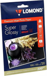 1101113 Фотобумага ПРЕМИУМ для стр.печати LOMOND200 г/м2 одностор.Super Glossy Bright 10х15см 20л