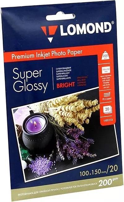 1101113 Фотобумага ПРЕМИУМ для стр.печати LOMOND200 г/м2 одностор.Super Glossy Bright 10х15см 20л