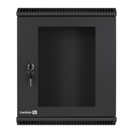 Шкаф телекоммуникационный 10" настенный 9U ExeGate EC-WM-9U.280.G.BLACK (10”, 9U, 350x280x420mm (ШхГхВ), передняя дверь закаленное стекло, пыле- и влагозащита IP23, черный RAL 9004) EX298626RUS
