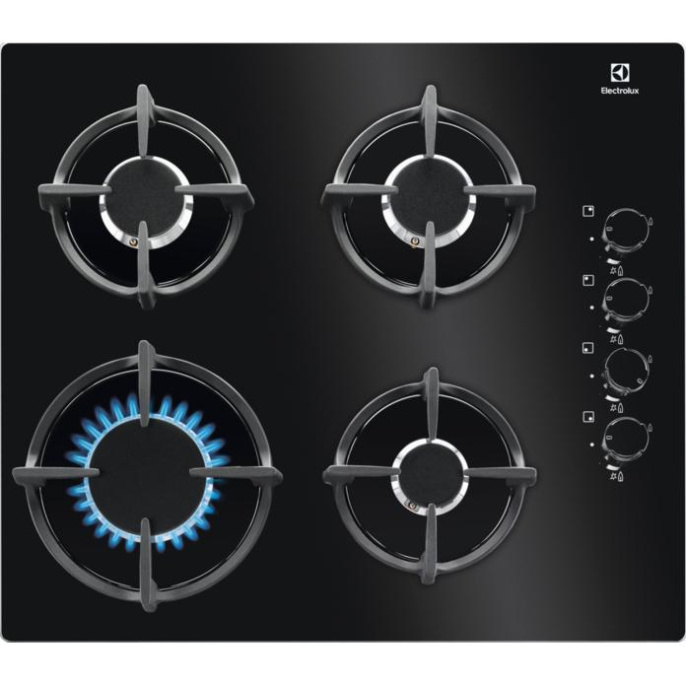 Встраиваемые газовые панели ELECTROLUX/ Газовая варочная поверхность, газ на стекле, 4 индивидуальных чугунных держателя, газконтроль варочной поверхности, интегрированный автоподжиг варочной поверхности, боковое управление
