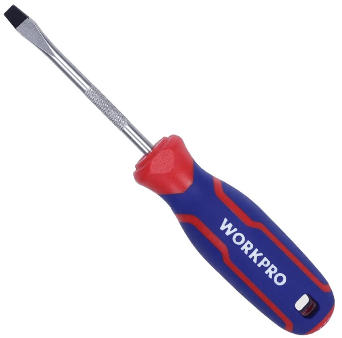 Отвертка WorkPro WP221024 (шлицевая, хром-ванадиевое лезвие, черный магнитный наконечник, эргономичная ручка для удобного захвата)