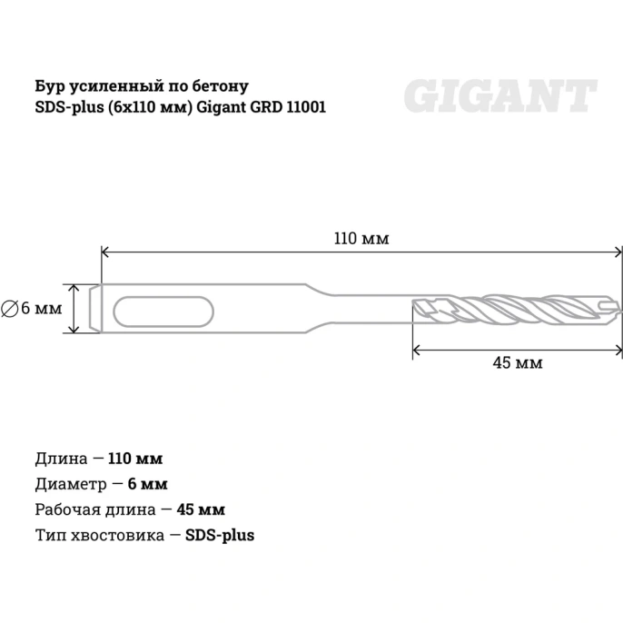 Бур усиленный по бетону SDS-plus (6x110 мм) Gigant GRD 11001