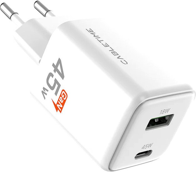 Зарядное устройство CABLETIME GA45W (CT-GAN45-PW) GaN PD3.0 45 Вт A+C, белый