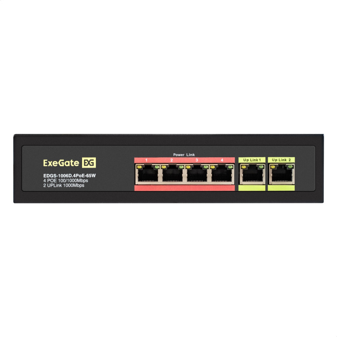 Коммутатор неуправляемый ExeGate EDGS-1006D.4PoE-65W 6-портовый гигабитный UTP 10/100/1000 Base-T: 4 порта IEEE 802.3af PoE , мощность PoE: 15,4W, суммарно 65W, 2 порта RJ45 uplink, настенный/настольный, металлический корпус EX299022RUS
