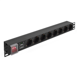Блок розеток с сетевым фильтром Surge Protect и выключателем с подсветкой ExeGate ServerPro PDU-19H807 Al-8S-EU2CU-SW-SPD1 EX280846RUS 19", 1U, Алюминий, 8*EU/Тип F Schuko , Евровилка EU/Тип F Schuko VDE-250V-16A-3*1.5mm2, медь, 2 метра