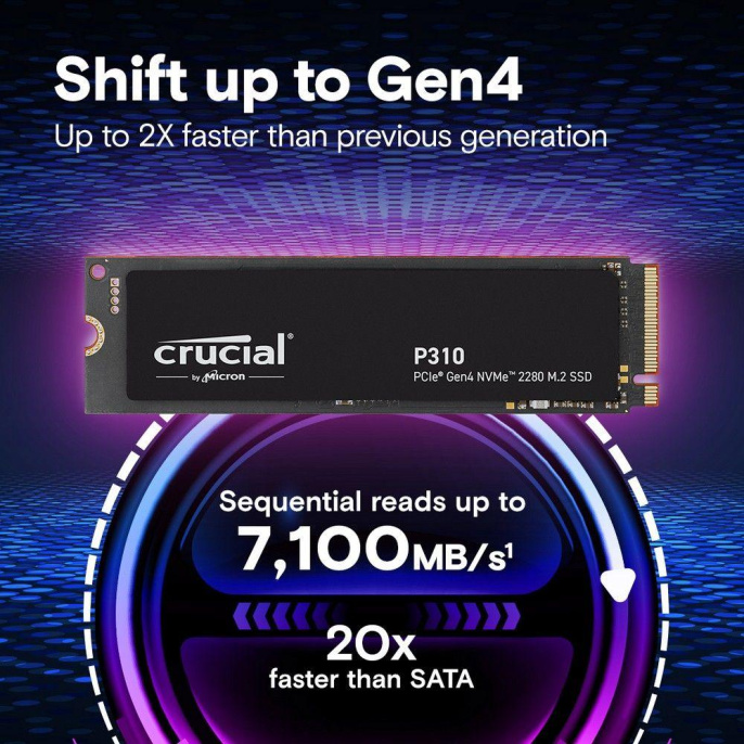 Твердотельный накопитель Crucial SSD Disk P310 500GB M.2 2280 NVMe PCIe Gen 4 x4 SSD 6000 MB/s Read 3500 MB/s Write , 1 year, OEM (CT500P310SSD8)