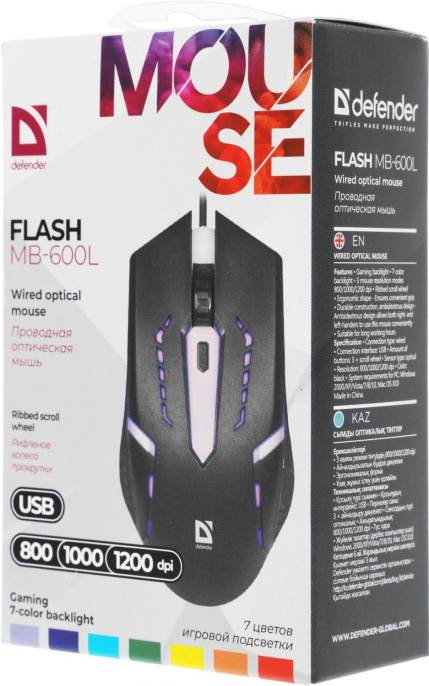 Мышь проводная Defender Flash MB-600L, игровая, оптическая, USB, 1200dpi, черный [52600]