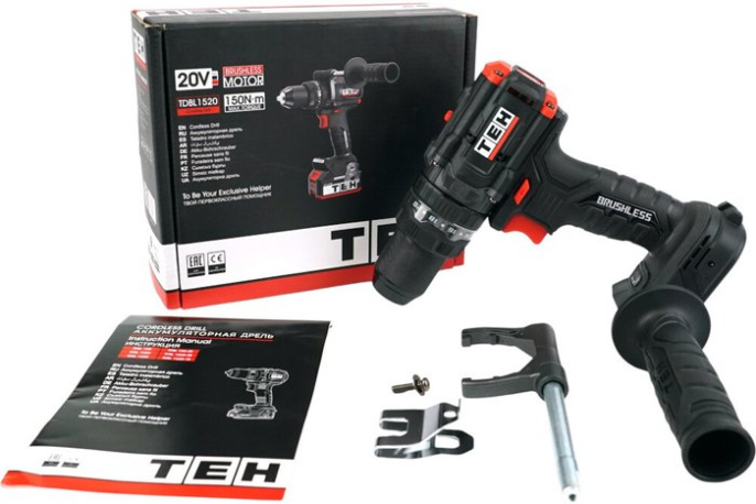 Дрель-шуруповерт TEH TDBL1520 (напряжение 20V, обороты: 0-500/2200 об/мин, крутящий момент 150Нм, быстрозажимной патрон 13 мм, в комплекте крюк для ремня, поставляется в коробке без АКБ и ЗУ)