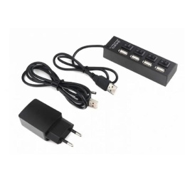 Разветвитель USB2.0 Gembird 4xUSB, блок питания 2А, подсветка и выкл, кабель USB 55см, черный UHB-U2P4-02A