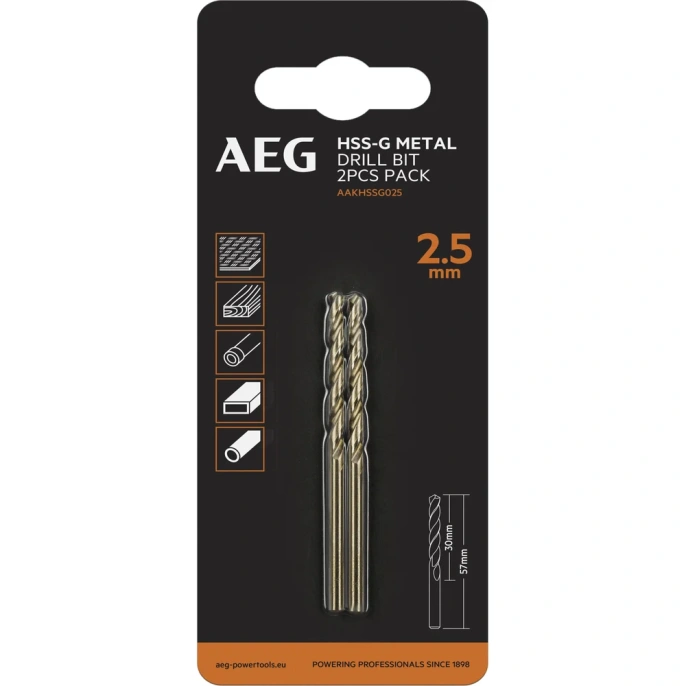 Сверло по металлу HSS-G (2 шт; 2.5х30х57 мм) AEG AAKHSSG025 4932479305