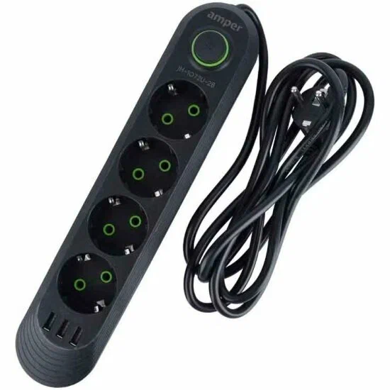 Сетевой удлинитель Amper JH-1072U-2B, 2,0м, 4 розетки, 3*0,75мм, 10А, 2500 Вт, 3usb, черный.
