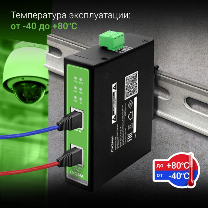 Инжектор PoE Digma DNP90W48GDXM 10/100/1000BASE-T 90Вт 37-57В DC