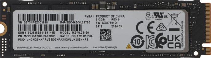 SSD накопитель Samsung PM9A1 MZVL2512HCJQ-00B00 512ГБ, M.2 2280, PCIe 4.0 x4, NVMe, M.2, oem