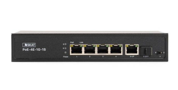 Коммутатор 4084 SKAT PoE-4E-1G-1S коммутатор PoE Plus, мощность 80Вт, порты: 4-Ethernet, 1-Uplink, 1-SFP