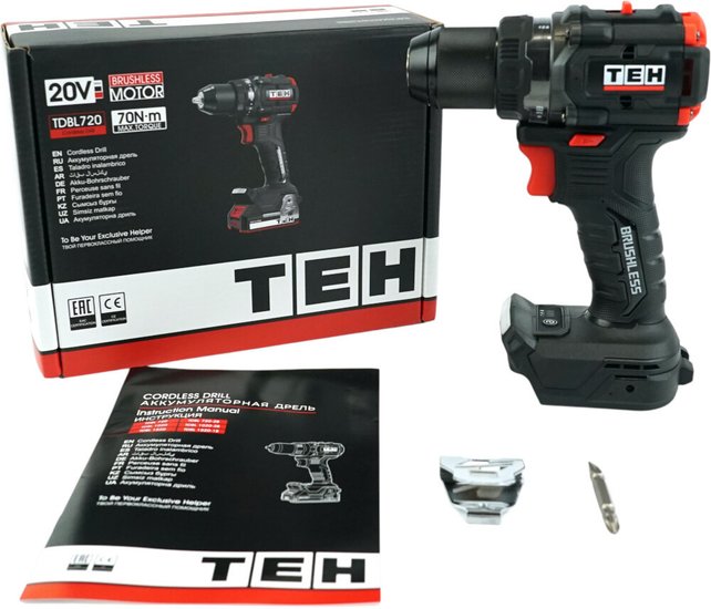 Дрель-шуруповерт TEH TDBL720 (напряжение 20V, обороты: 0-500/2100 об/мин, крутящий момент 70Нм, быстрозажимной патрон 13 мм, в комплекте крюк для ремня, поставляется в коробке, без АКБ и ЗУ)