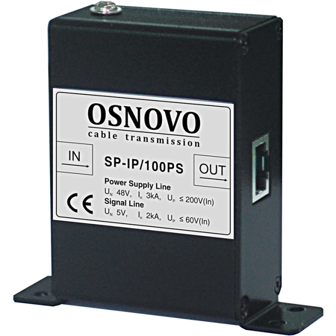 Устройство грозозащиты OSNOVO SP-IP/100PS для локальной вычислительной сети скорость до 100Мбит/с с защитой линий PoE af/at, метод B, контакты 4/5, 7/8 , двухступенчатая защита. 1 вход RJ45-мама