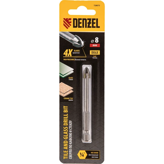 Сверло по керамической плитке 8 мм, крестовая пластина, 6-гр. хвостовик Denzel 728073