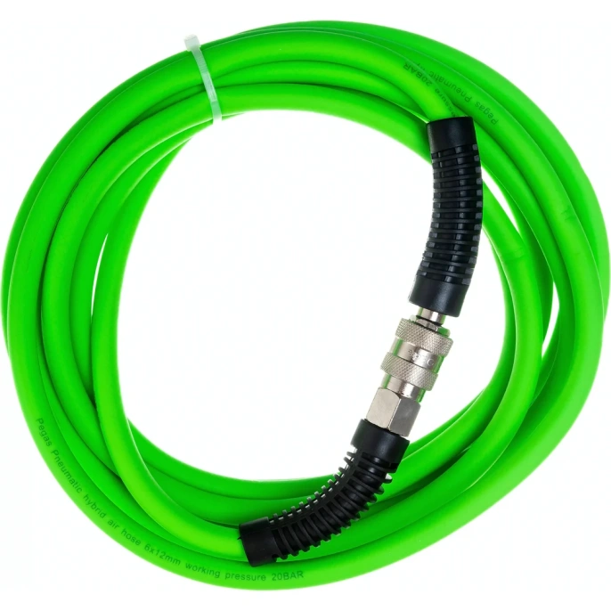 Шланг эластичный резиновый с защитой от перегибов на концах 5 м, 6х12 мм, ПВХ покрытие, быстросъемные соединения Pegas pneumatic 4931