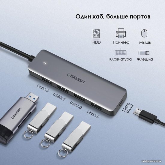 USB-хаб Ugreen CM219 50985 подключение по USB-A, 4 x USB-A, корпус пластик