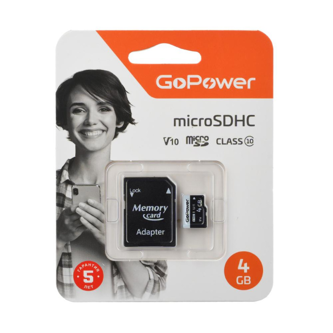 Карта памяти microSD GoPower 4GB Class10 15 МБ/сек V10 с адаптером Карта памяти microSD GoPower 4GB Class10 15 МБ/сек V10 с адаптером 00-00025672
