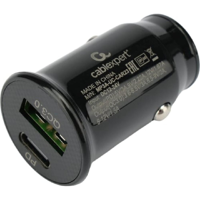 Cablexpert Автомобильное зарядное устройство 20Вт, 3А, QC3.0/PD, 1xUSB, 1xType-C, черный, пакет MP3A-UC-CAR23