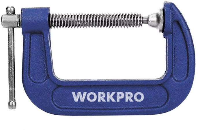 Зажим WorkPro WP232016 25мм (C-образный, рама из легированной стали, винт с хромированным покрытием, поворотный механизм, подходит для большинства применений в деревообработке и металлообработке)