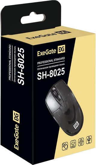 Мышь ExeGate Professional Standard SH-8025 USB, оптическая, 1000dpi, 3D, 3 кнопки и колесо прокрутки, длина кабеля 1,5м, черная, Color Box EX295306RUS