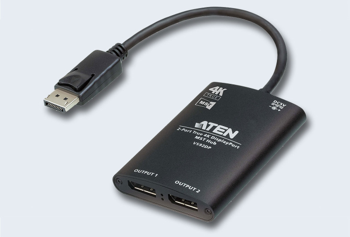 Разветвитель, электрон. ATEN VS92DP-AT, DisplayPort, 1 2 устройства, 3 м. макс.разр.до 3840x2160 60Гц/30Гц 4:4:4 8 бит один выход/два выхода режим MST/SST , F, без шнуров, USB power, max data rate 21.6 гбит/с;DP 1.2/HDCP1.3